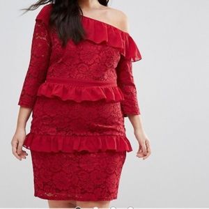 Lovedrobe Allover Lace Ruffle One Shoulder Dress